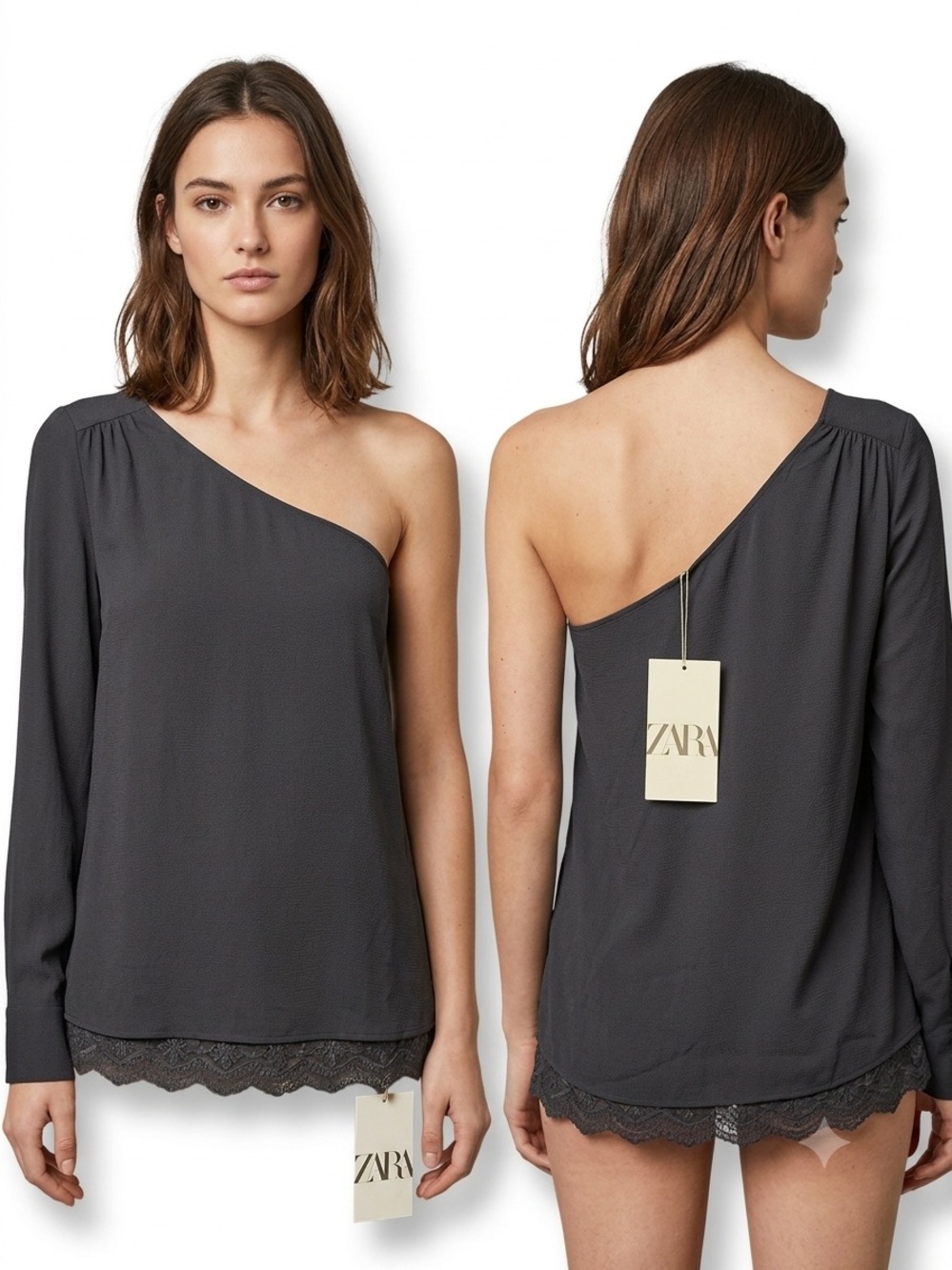 Zara One-Shoulder Dark Gray Lace-Hem Blouse